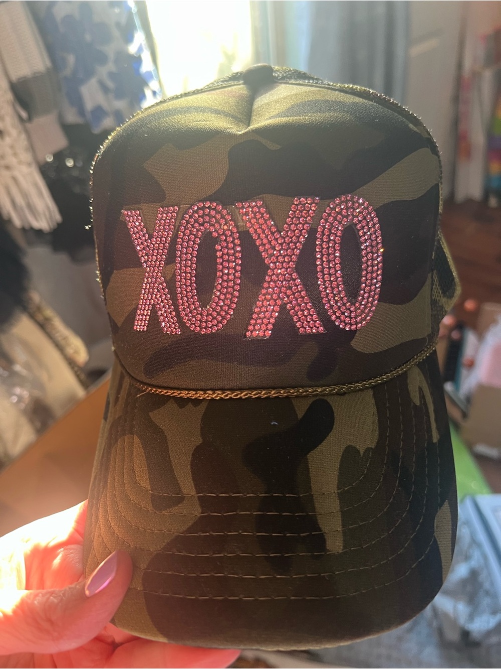 XOXO Olive Camo Trucker Hat with Pink Rhinestone Logo